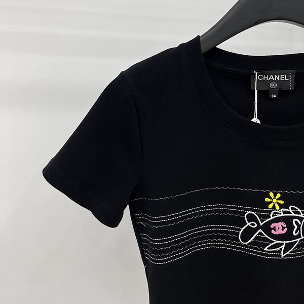 ☆超人気☆シャネル 半袖 Tシャツ コピー刺繍☆黒 白 sho88422